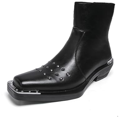Men's Genuine Leather Ankle Chelsea Boots Featuring Silver Studded Detail Zip Up Closure Square Toe Mid Block Heel For Party Events Wedding Gatherings Night Out Clubbing Casual Daily Outings (Black,10)