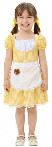 Girls Porridge Girl Costume - Small - Yellow Gingham Fairytale Dress with White Apron and Plush Bear Accessory - Classic Storybook Character Fancy Dress for World Book Day