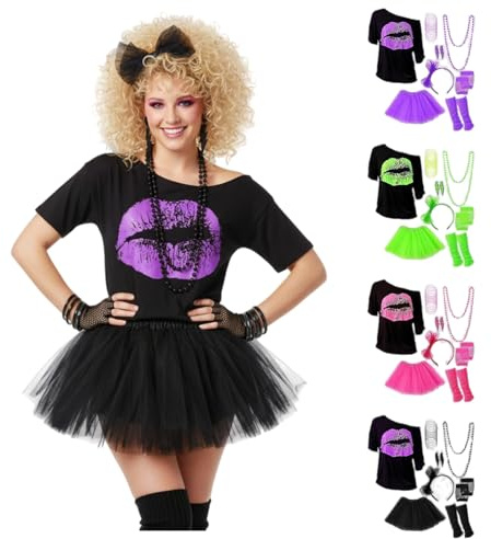 Déguisement Année 80 Femme Tenue Disco Fluo - Set 18 Pièces Costume Adulte avec T-Shirt Lèvres Tutu Rose & Accessoires Néon - Set Complet Jambières Gants Résille pour Carnaval Soirée à Thème