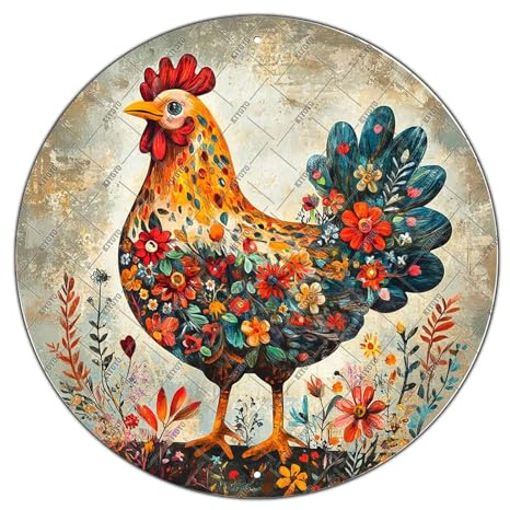 KIYOYO Chicken And Flower Round Metal Sign Chicken Wall Decor Coop Farmhouse Funny Farm Fence Kitchen Outside Front Door Home Backyard Wall Decor 12x12 Inch