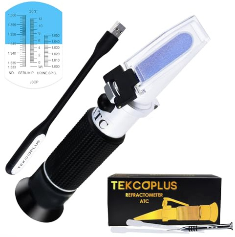3-in-1 Clinical Refractometer with ATC for Tri-Scale Serum Protein 0-12 g/100ml Urine Specific Gravity SG 1.000-1.050 Refractive Index 1.333-1.360RI w/Extra LED Light & Pipette for Human Use