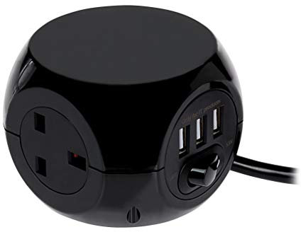STATUS Black Cube Socket | 3 Way Cube with 3 USB Adapter Socket | 1.4m Extension Lead | S3B1.4M3XUSB1PK6