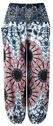 Natashas Kinder Mädchen Sommer Lang Hippie Boho Hose Blumenmuster Pumphose Haremshose Aladinhose Kinder Harem Pants Sommerhosen mit Taschen Gr.98-140 (Dunkelblau, 134-140)