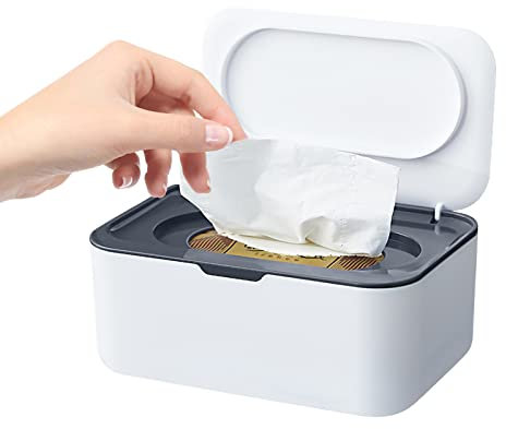 Feuchttücher Box, Feuchttücher Box Unterwegs, Baby Feuchttücherbox, Serviettenbox, Taschentuchaufbewahrungsbox, Kunststoff Feuchttücher Spender mit Deckel, Kindertuchbox für Zuhause Büro (Grau+Weiß)