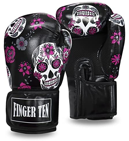 Gant de Boxe Femme Adulte 10 Oz D'entraînement Cuir Synthétique, Gants de Formation Mitaines Professionnelle Kickboxing Sparring Fitness Punching Bagwork Fight et Boxercise (10 oz, Crâne Noir)