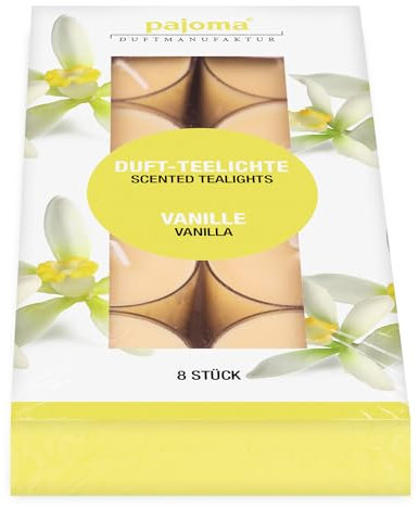pajoma® Lot de 8 bougies chauffe-plat parfumées à la vanille dans un étui en polycarbonate - Durée de combustion : environ 4 heures - Hauteur : 1,5 cm - Diamètre : 3,5 cm - Qualité supérieure -