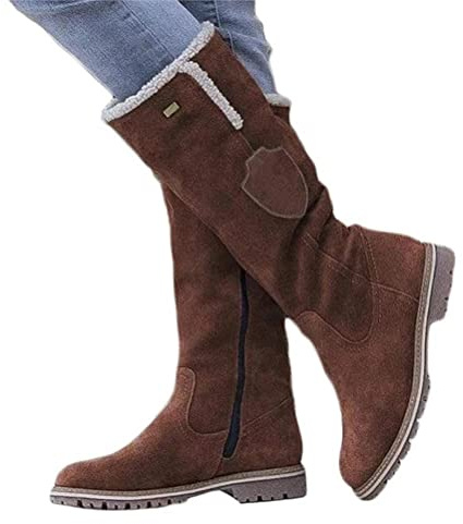 ticticlily Bottines Femme Plates Hiver Chaussure Fourrées Chaudes Longue Botte avec Zipper Daim Bottines de Neige Cheville Botte Randonnée Boots A Marron 36 EU