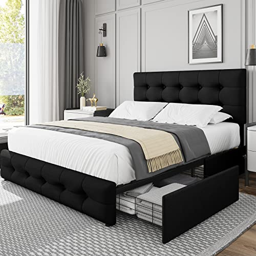TTVIEW Full Size Bed Frame with 4 Storage Drawers and Adjustable Headboard, Upholstered Platform Bed with Button Tufted Design, Strong Wooden Slats Support, No Box Spring Needed, Black