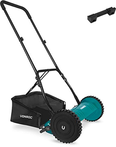 VONROC Tondeuse à Gazon Manuelle/Tondeuse à Enrouleur - 400mm - 4 hauteurs de Coupe réglables | INCL. Support Mural
