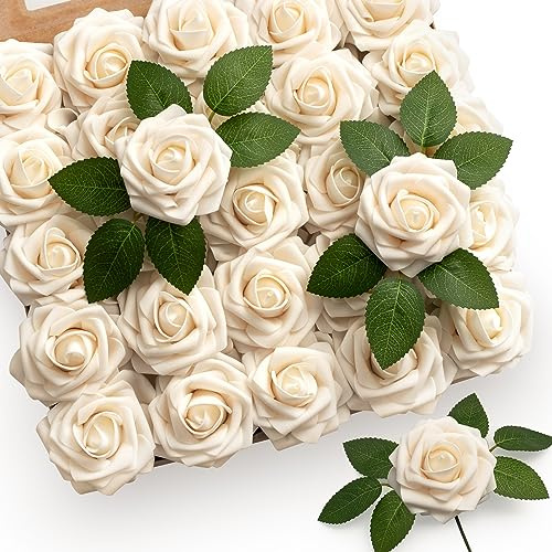 Mocoosy 50 pezzi di rose bianche crema fiori artificiali, rose in schiuma finta fiori sfusi con stelo e foglia per bouquet da sposa centrotavola feste casa decorazioni di fiori artificiali fai da te