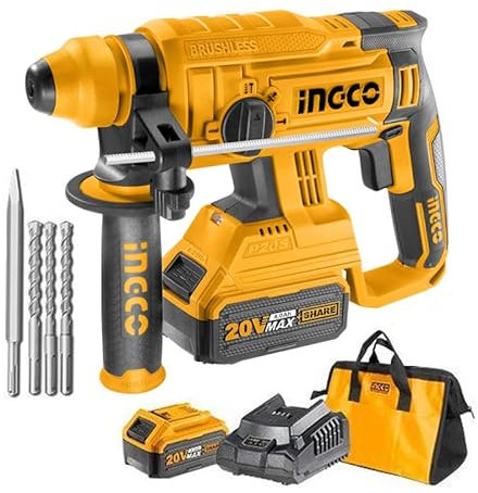 Ingco Crhli22012 Martello demolitore Tassellatore A Batteria 20 V Sds Plus Motore Brushless Con 2 batterie 4 ah Caricabatterie E Borsa Inclusi