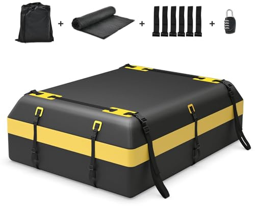 TANGZON 15/21 Cubic Feet Car Roof Bag, Waterproof Rooftop Cargo Carrier Bag with Straps & Non-Slip Mat, Roof Top Luggage Storage Box (21 Cubic Ft/600L with Combination Lock, Black+Yellow)
