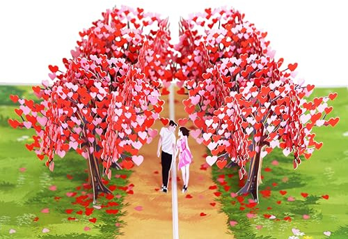 PQ Bees Romantic Couple Heart Tree Path Pop Up Anniversary Cards, 6x8in Wedding Anniversary Card, Valentines Day Card, 3D Gift for Her, Him, Husband, Wife (Heart Tree Path).