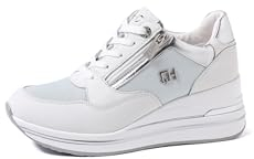 QUEEN HELENA Hohe Leder-Sneaker mit Keilabsatz, Turnschuhe mit seitlichem Reißverschluss für Damen QH7019, blau, 39 EU