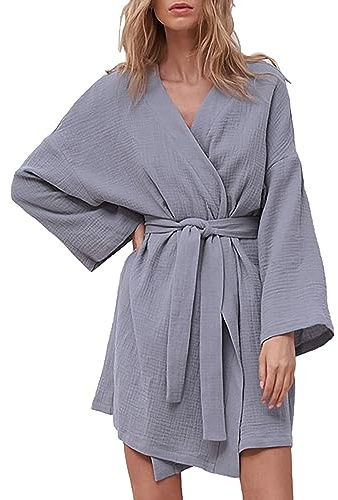 Peignoir court gaufré pour femme - En coton - Léger - Pour l'été - Manches longues - Grandes tailles - Peignoir de bain - Pour sauna - Doux - Avec ceinture - Vêtement de nuit, gris, L