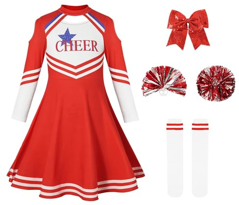 LOLANTA Traje de Animadora Rojo para Niñas, Disfraz con Pom poms y Calcetines, Ideal para Carnaval o Fiesta, 5-15 años(rojo,5-6 años,120)