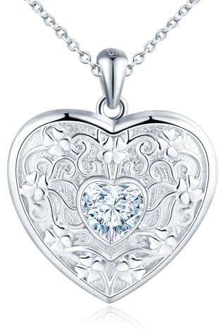 MicLee Damen Herz Kette Anhänger 925 Silber Foto Medaillons Silber Photo Halskette Amulett Zarte Florale Gravur mit Herzförmiger Zirkon Openable Anhänger
