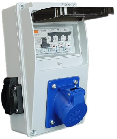 RoadEu - UK Power Distribution Box - 2X 13Amp Socket and CEE 32Amp Socket 3P 230V - Monophase Wall Combination Socket with Circuit Breakers and RCD, Designed for UK Market and Includes 13Amp MCB