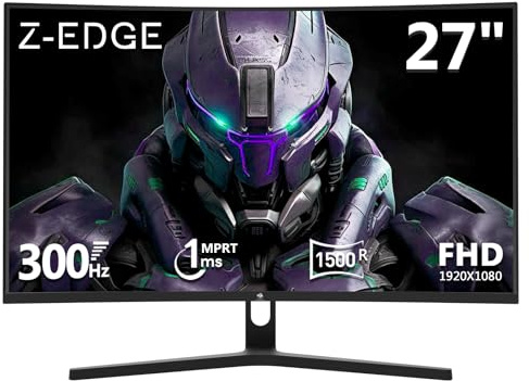 Z-Edge 27 Zoll Curved Gaming Monitor 300Hz (DP) 240Hz (HDMI) 1ms MPRT Full HD 1080P VA Panel 16:9 LED Bildschirm, 250cd/m² Helligkeit, FreeSync, HDR10, DisplayPort1.4 & HDMI2.0, VESA Kompatibel