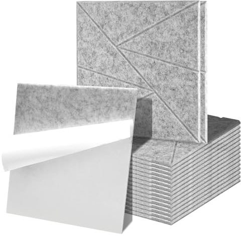 Fiqops 24 paneles acústicos cuadrados autoadhesivos, color gris plateado, placas acústicas de alta densidad, delgadas placas de aislamiento acústico para decoración de paredes y aislamiento acústico,