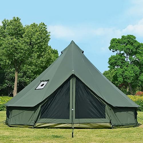 Bell Tent with Stove Jack, Cotton Canvas Glamping Tent, Spacious Yurt for Groups, Outdoor Camping Hunting Party Family Teepee (Green, 5m)