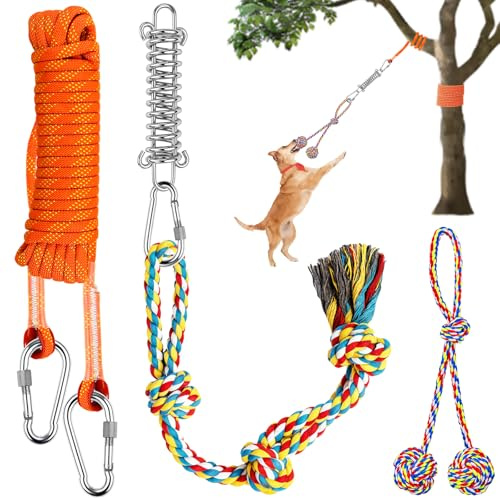 Zouboto Outdoor Hanging Bungee Dog Toy, Interactive Tether Tug of War Toy for Pitbull Small to Large Breeds,Tree Tugger Rope with Spring Pole & 2 Pack Dog Rope Toys