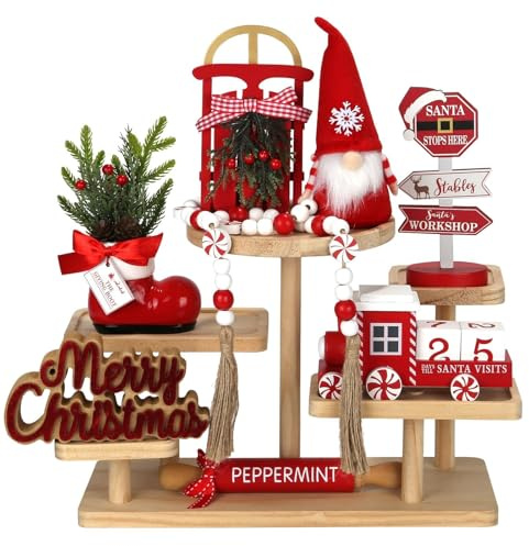 Christmas Decorations 8 PCS Tiered Tray Decor Set, Cute Tabletop Christmas Decor for Home Shelf Mantel Fireplace Office Desk Coffee Bar Xmas Table Centerpieces Tray Objects Holiday Decoration Set