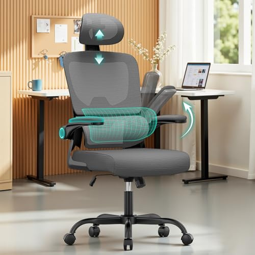naspaluro Ergonomic Office Chairs, High Big Study Desk Computer Chair with Flip-up Armrests/Back Support/Adjustable Headrest, Comfy Swivel PC Work Chair, Mesh Dark Gray Office Chairs for Home Office