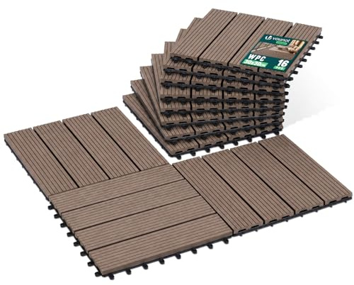 VOUNOT® Set de 16 Baldosas de Exterior WPC 30x30 cm Suelo Terraza Balcón Losetas Antideslizantes con Drenaje Azulejos de Entrelazados para Jardín Patio Losas Baldosa Encastrable Sistema Clic Marrón