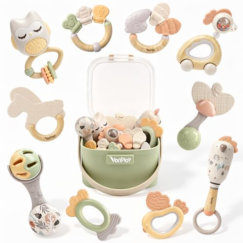 Baby Toys 0-6 Months, Rattle Teething Toys Newborn Essentials Sensory Montessori Toys Baby Boy Girl Gifts with Storage Box (10pcs)
