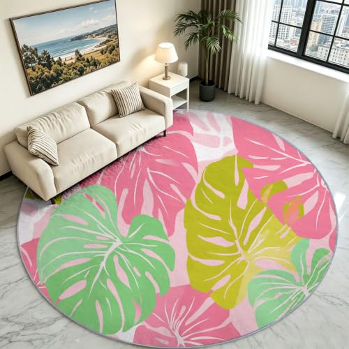 Matta med kort lugg vardagsrum 120 cm rund vit, tvättbara mattor tecknade växter fönsterblad, halkfritt underlag fluffig och mjuk för matsal och sovrum barnrum matsal kontor hall