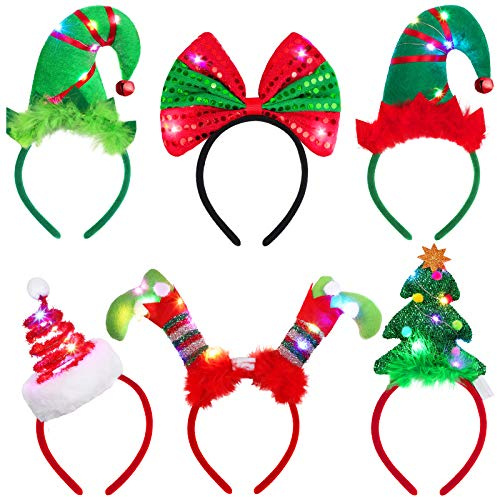 Elcoho 6 Pack Christmas LED Headbands Holiday Light Up Costume Headband Reindeer Christmas Bow Elf Costumes Hair Bands for Christmas Party Costumes Favor