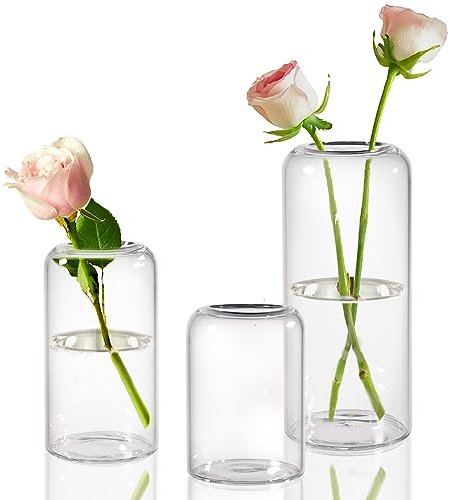 ZENS Kleine Vase Glas für Tischdeko,Deko Vasen Set 3er Zylinder Knospe Blumenvase mit Schmalem Mund für Hochzeit,Handgeblasen Glasvase für Heimdekoration Mittelstücke
