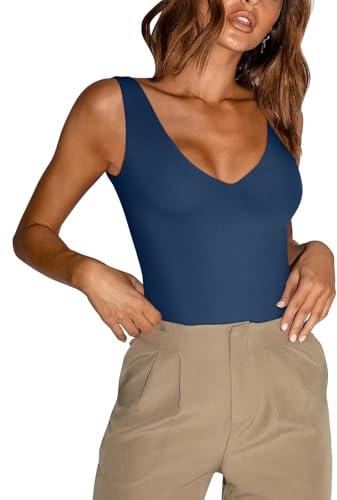 REORIA Women’s Sexy Plunge Deep V Neck Sleeveless V Backless Going Out Tank Bodysuits Tops