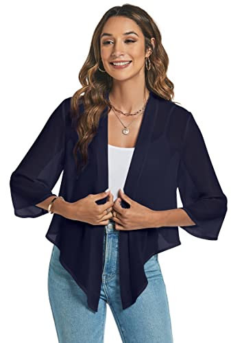 Famrrifuu Damen Bolero Chiffon Schulterjacke 3/4 Ärmel Elegant Kurze Cardigan Leichte Dünn Bolerojacke Casual,Navy,M
