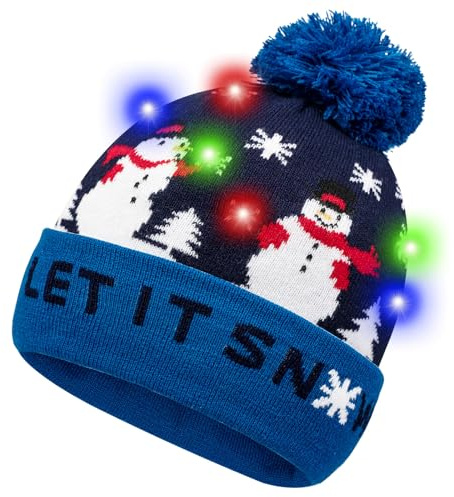 HOTUVEP Light Up Christmas Hat, Glow In The Dark Christmas Cap with Replaceable Battery, Unisex LED Santa Hats with 6 Colorful Lights, Xmas Beanie Knitted Hat Christmas Party Cap for Kids Adults
