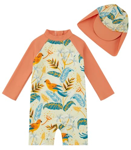 upandfast Badeanzug Baby mit Sonnenhut UV Schutz 50+ Badebekleidung für Baby Mädchen(9-12 Monate,Orange Vogel)