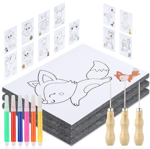 HOCUCHELAND Punteruolo per Bambini, Punteruolo per Carta con 3 Prickelfilz, 14 Immagini da Ricamo e 6 Matite Acquerellabili, Set di Formicolatori per Bambini Per Progetti Artigianali Creativi
