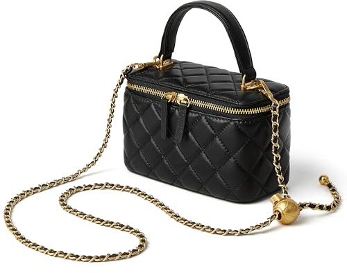 DORIS&JACKY Kleine gesteppte Umhängetasche für Damen, Designer-Leder, Mini-Griff oben mit Metallkettenriemen, 1-schwarz, Mini