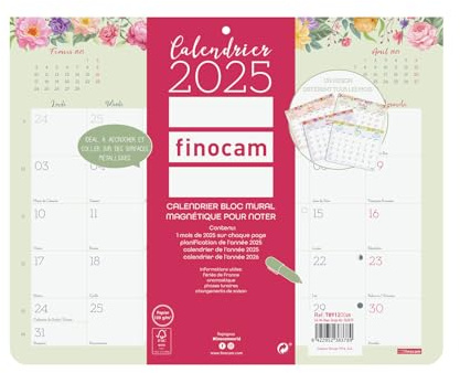 Finocam – Calendrier Bloc Design Mural avec Aimant pour écrire 2025 1 mois par page Janvier 2025 – Décembre 2025 (12 mois) Français