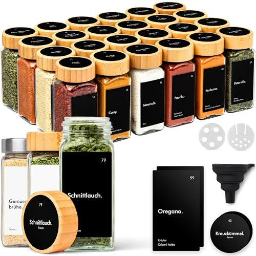 KIVY Gewürzgläser mit Streueinsatz [24x 120ml] + 240 Wasserfeste Label - Luftdichte Gewürzgläser eckig (Gewürzgläser Schwarz Bambusdeckel)