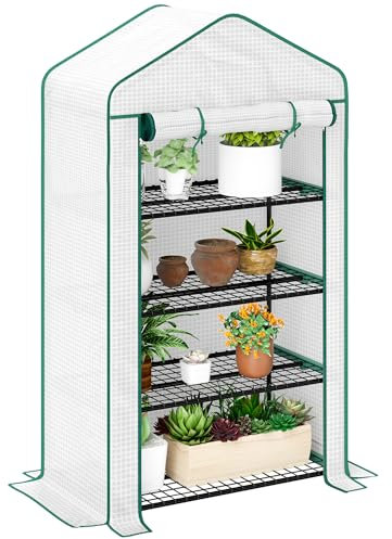 Outsunny Serre de Jardin PE avec étagères 4 Niveaux, Serre de Balcon, bâche renforcée 135 g/m², châssis en Acier, Porte zippée Enroulable, pour légumes Plantes Fleurs, 90 x 49 x 160 cm, Blanc