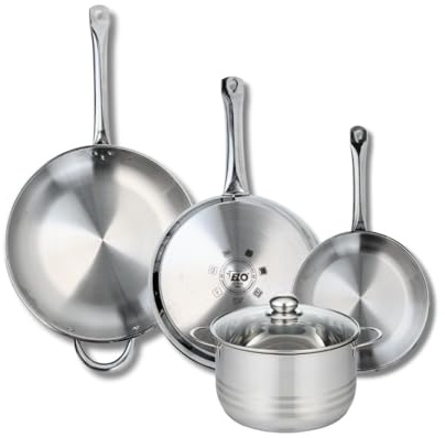 ELO 9884850 Batterie de cuisine 4 pièces, Ensemble de 3 Poêles de cuisson 24, 28 et 32 cm et 1 faitout 20 cm Elo Profi Brillant, inox, induction, Gris Souris
