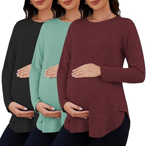 Liu & Qu 3 Packs Womens Maternity Shirts Split Side Long Sleeve Pregnancy Tops Loose Fit Casual Maternity Clothes, Heather Wine+Green+Black, L
