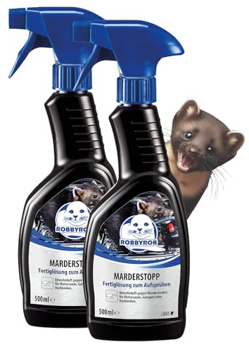 ROBBYROB | Marder Stopp Marderspray | Verhindert Marderbiss durch Aufsprühen eines Abwehrdufts | Marderabwehr für den Einsatz in Auto, Haus, Dachboden, Garten und Garage | 2X 500 ml Sprühflasche