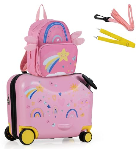 COSTWAY 2-delad barnresväska + ryggsäck, 30 cm + 40 cm barnvagn med hjul och vattentätt hårt skal, barnbagage med bärrem, rep och fotstöd, rullväska för pojkar flickor, stjärna, 12+18, Lutande stång