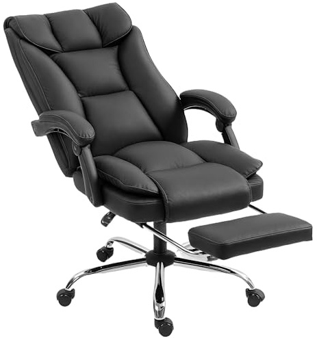 HOMCOM Sedia Ufficio Ergonomica Reclinabile 155° con Poggiapiedi, Sedia Scrivania in Finta Pelle Antigraffio Facile Pulizia, Doppia Imbottitura, Braccioli Imbottiti, Girevole Altezza Regolabile, Nero