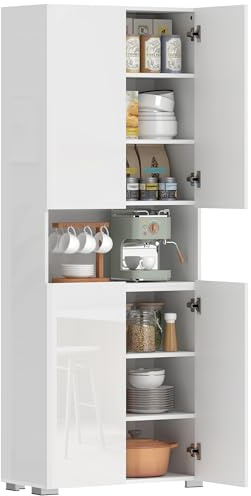 HOMCOM 180 cm Tall Kitchen Cupboard, Soft Close Doors, High Gloss White