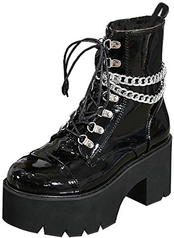 Parisuit Women's Chunky Platform Goth Combat Boots with Chains Punk High Heel Lace Up Patent Leather Ankle Boot-black 2 size 7
