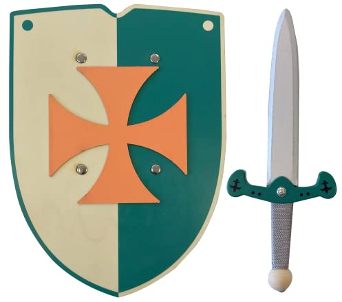GERILEO Épée et Bouclier de Chevalier en Bois Faits à la Main - Jouet pour Enfants, Garçons et Filles - Compliment pour Jeux, Jeux d'imitation, déguisement, médiéval, Guerrier (Vert, 30 cm)